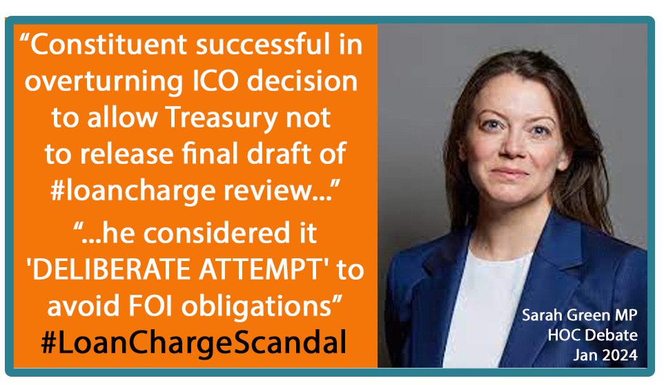 "Constituent successful overturning ICO decision to allow Treasury NOT release final draft LC review. Original #FOI Dec 2020,material still unreleased.Attemps obtain met with what consider “deliberate attempts” avoid FOI obligations"
<a href="/SarahGreenLD/">Sarah Green MP</a> #LoanChargeDebate 18th Jan 2024
