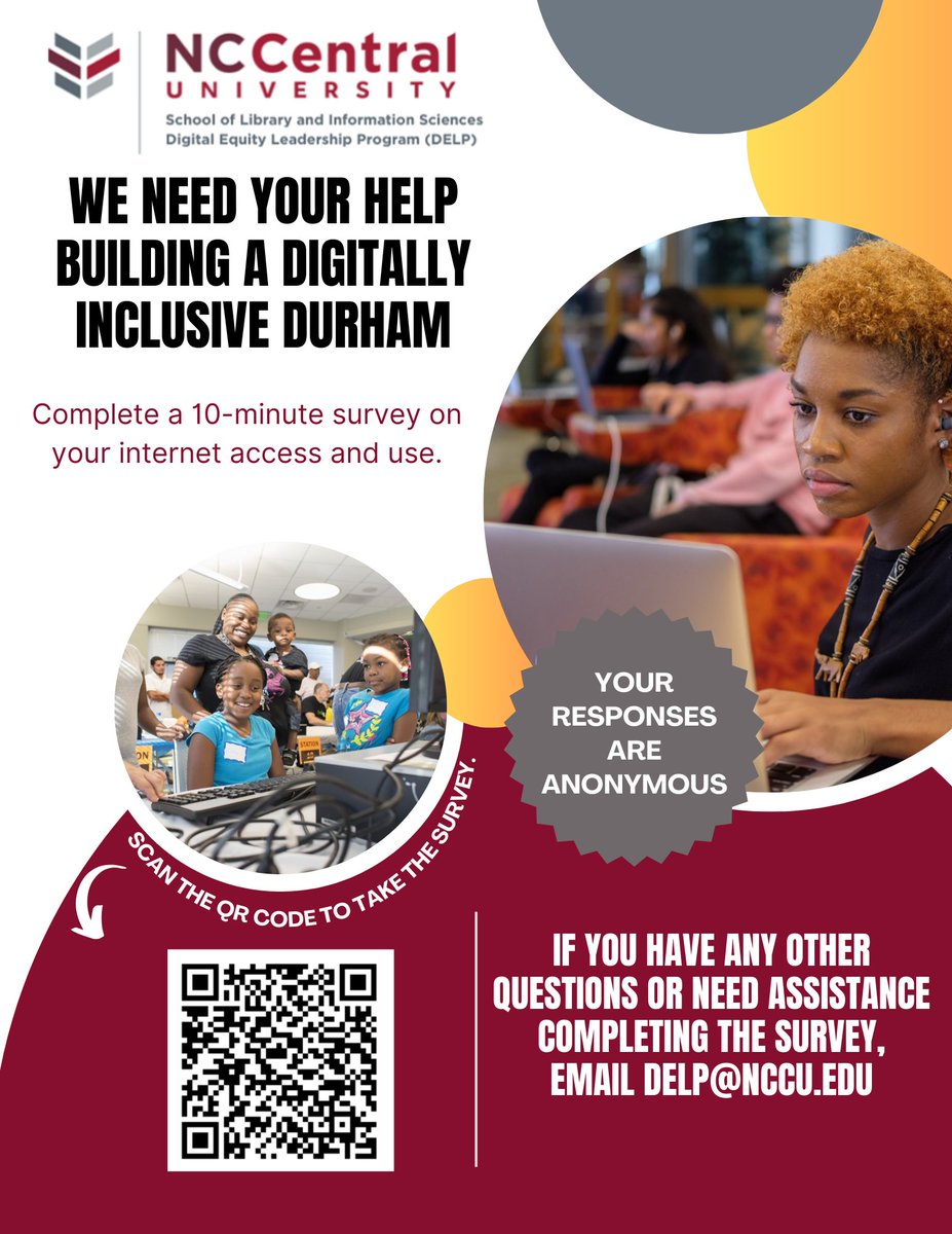NCCUDELP's tweet photo. 🚀 Your Voice Matters! Complete the DELP Survey for Durham, NC!
Hey #DELPCommunity,
Let's shape the future together in Durham County! 🌈 Your insights are crucial. Complete the DELP survey and help us understand your digital needs.
Survey Link: https://t.co/eP8PwAAC77 #Durham https://t.co/IktoI6fbQR