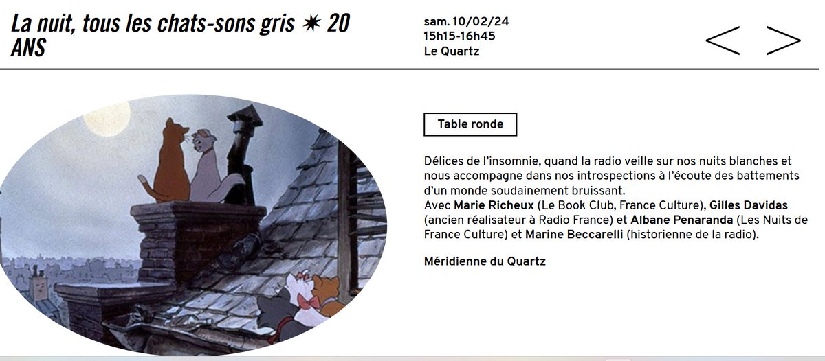 Très heureuse de retourner au festival <a href="/LDOndes/">Longueur d'ondes</a> à Brest! 📻
J'y anime samedi une table ronde sur la radio de nuit avec <a href="/mariericheux/">mariericheux</a> , Albane Penaranda des Nuits de <a href="/franceculture/">France Culture</a> et <a href="/GillesDavidas/">Gilles Davidas</a> 
🐈‍⬛La nuit tous les chats-sons-gris 🌜
🗓️10/02 15h15 
urlr.me/9gGh1