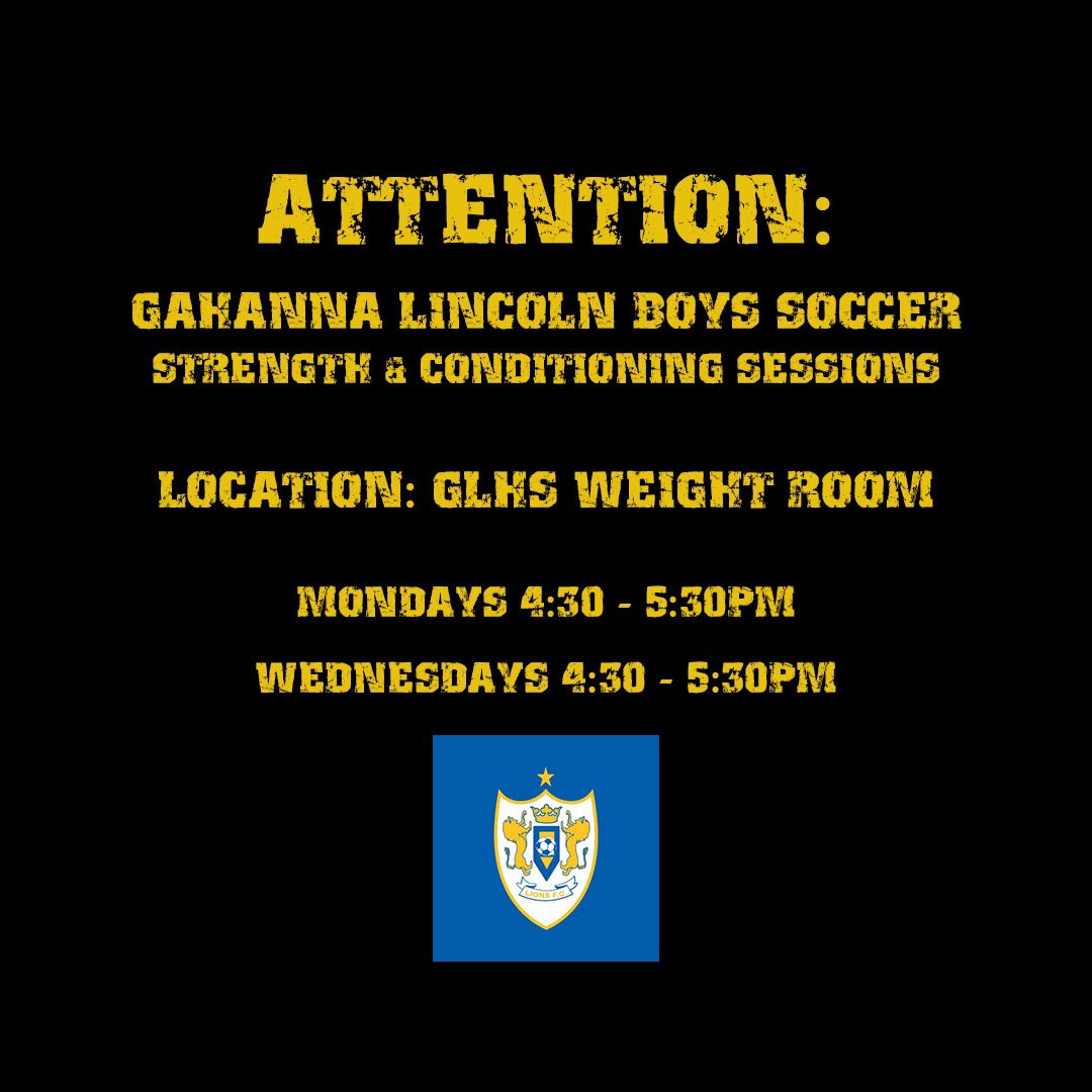 BACK AT IT! Sessions are for anyone interested in trying out for the program and are exclusive to GLBS players only. Current 8th graders are encouraged to join!

FIRST SESSION - FEBRUARY 12, 2024

Mondays - WEAR BLUE
Wednesdays - WEAR GOLD

#GLBS 🦁⚽️🏋️‍♂️