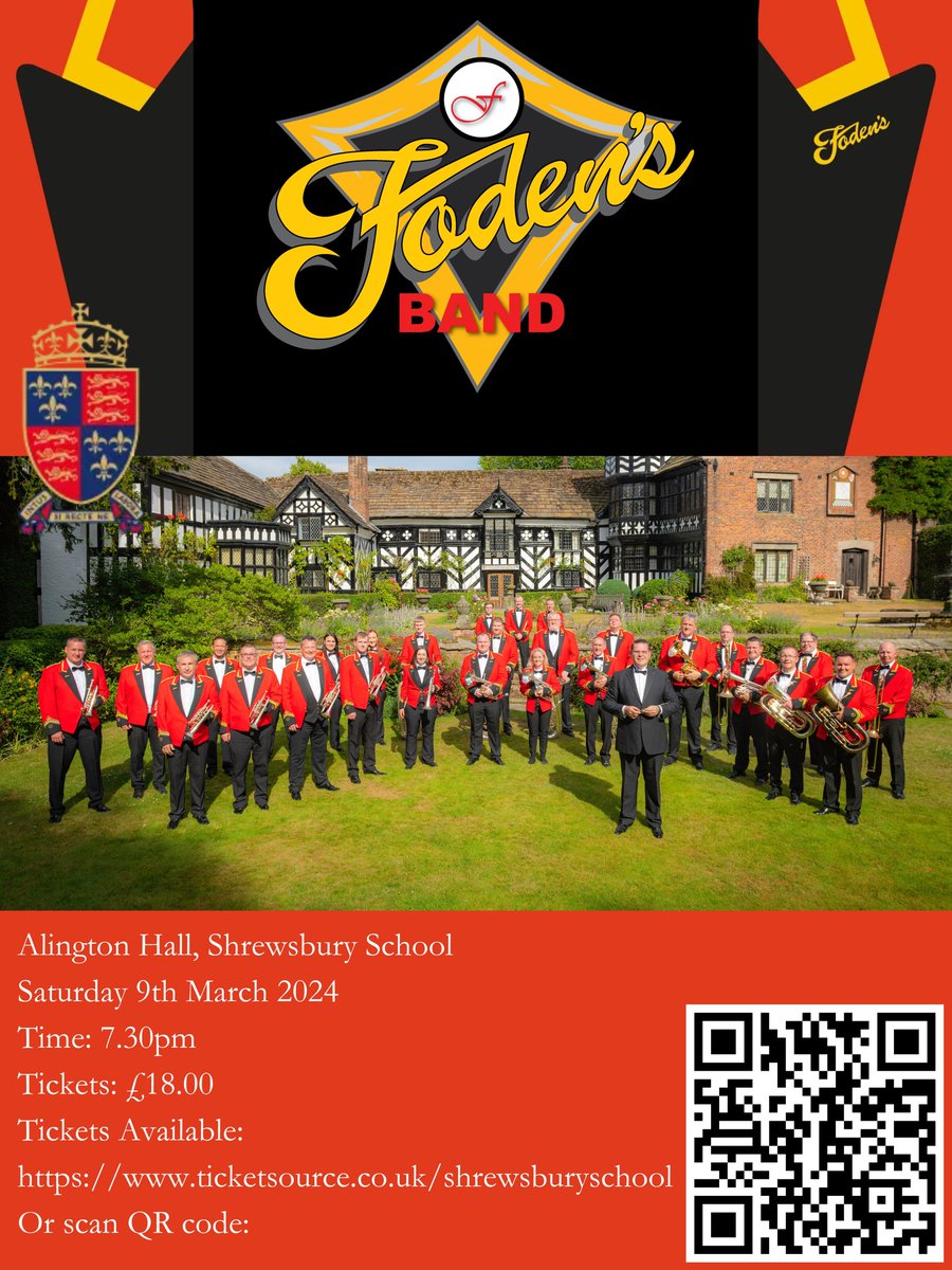 We are looking forward to welcoming Foden's Band to Shrewsbury for an evening of entertainment on Saturday March 9th. 
Foden's Band are ranked as one of the leading brass bands in the World.
Tickets for this event are available using the link below.
bit.ly/3UtwPYZ