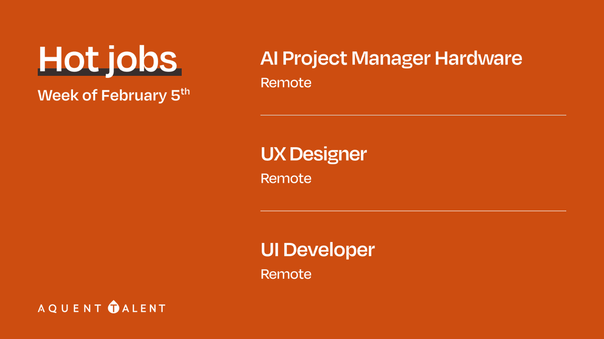 Looking for a new role? Look no further. Check out these hot new job postings.

🤖 AI Project Manager Hardware - Remote - aquenttalent.com/talent/jobs/19…

💻 UX Designer - Remote - aquenttalent.com/talent/jobs/19…

💻 UI Developer - Remote - aquenttalent.com/talent/jobs/19…

#uxjobs #uijobs #aijobs
