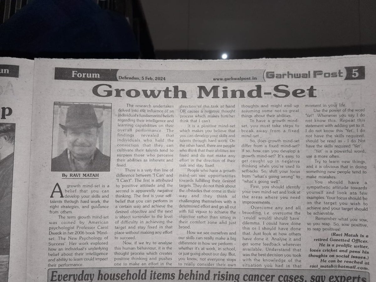 My article was published in Garhwal Post about Growth Mind-Set on 5th Feb 2024.
