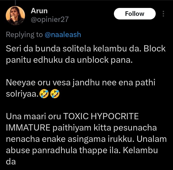naaleash's tweet photo. When you ask something which is wrong , you will get ABUSED like this. 

I'm feeling shame on myself that I had conversation with this guy from last season . 

This is one ARCHANA fan 😮‍💨 

Many fans of her like this abused me even about my family.

Bully fans

#BiggBossTamil7 https://t.co/tasiVat938