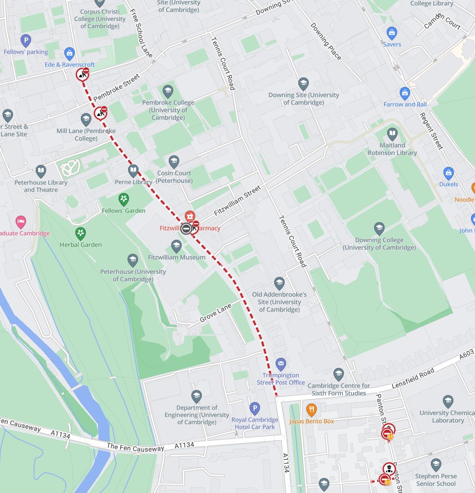 Cambs_Traffic's tweet image. ⛔️ROADWORKS
#Trumpington Street, #Cambridge (between Lensfield Road and Botolph Lane) is CLOSED to all motor vehicles TONIGHT until the 20th February  between the hours of 8pm and 6am nightly (weekdays only) for works.

More info: one.network/?GB136943736