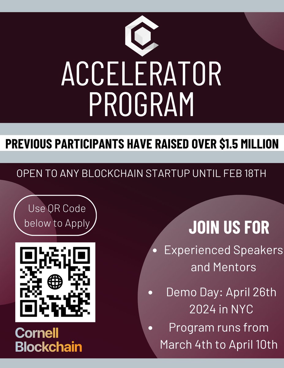 Inviting all founders to join Cornell Blockchain's Accelerator Program! Ready to advance your Web3 startup? Apply to the @CBAccelerator today and unlock growth with mentorship and resources! Apply Here: forms.gle/LyLEjGKyUG55eG…