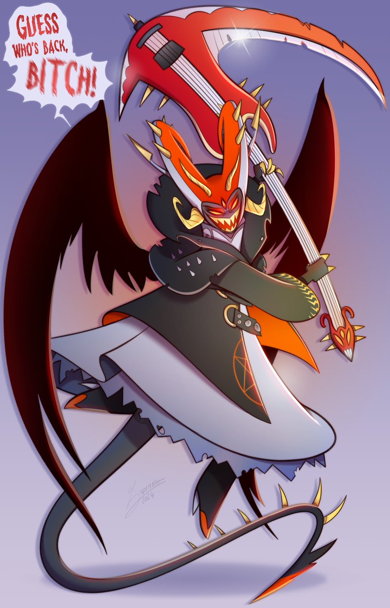 LadyMathou's tweet photo. He used to have an ax guitar. 
NOW he has a scythe guitar !
It's time to make some DEATH metal. 😈
#HazbinHotel  #HazbinHotelAdam  #HazbinHotelFanart https://t.co/0f0XaVJObg