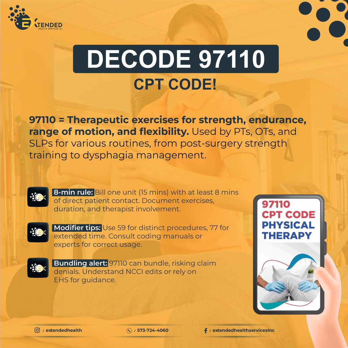 HealthExtended's tweet image. Master 97110 with confidence! Extended Health Services = Your success partner, offering expertise and support.
.
Contact us today!
Phone: 573-724-4060
Email: info@extendedhealthservices.us
Website: extendedhealthservices.us
#CPTCode97110 #HealthcareBilling #EHS #Medicalbilling