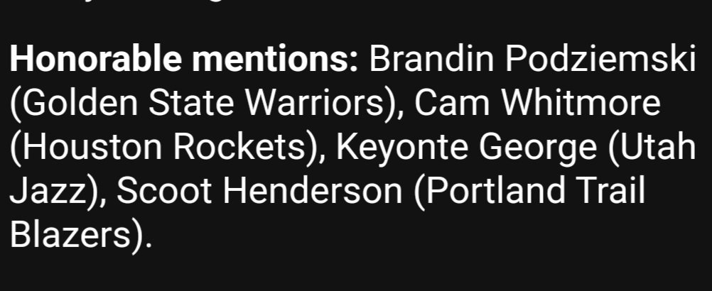 Scott Carlberg (@werksracer) on Twitter photo Golden State <a href="/warriors/">Golden State Warriors</a> rookie guard <a href="/brandinpodziem2/">Brandin Podziemski</a> is listed in the Honorable Mentions section of the <a href="/theScore/">theScore</a> app for their <a href="/NBA/">NBA</a> top rookies for this season.
#dubnation
<a href="/MontePooleNBCS/">Monte Poole</a> <a href="/KelennA7/">Kelenna Azubuike</a> <a href="/BobFitzNBC/">BobFitzgeraldNBC</a> <a href="/WarriorNationCP/">Warriors Nation</a> <a href="/NBCSWarriors/">Warriors on NBCS</a> <a href="/WarriorsPR/">Warriors PR</a> Golden State <a href="/warriors/">Golden State Warriors</a> rookie guard <a href="/brandinpodziem2/">Brandin Podziemski</a> is listed in the Honorable Mentions section of the <a href="/theScore/">theScore</a> app for their <a href="/NBA/">NBA</a> top rookies for this season.
#dubnation
<a href="/MontePooleNBCS/">Monte Poole</a> <a href="/KelennA7/">Kelenna Azubuike</a> <a href="/BobFitzNBC/">BobFitzgeraldNBC</a> <a href="/WarriorNationCP/">Warriors Nation</a> <a href="/NBCSWarriors/">Warriors on NBCS</a> <a href="/WarriorsPR/">Warriors PR</a>