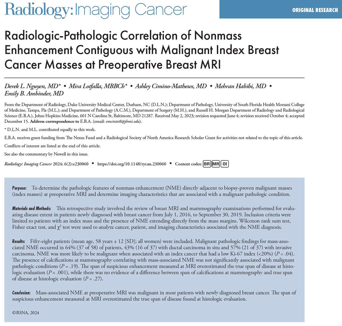🔥 Hot off the press from Radiology: Imaging Cancer: 'Radiologic-Pathologic Correlation of Nonmass Enhancement Contiguous with Malignant Index Breast Cancer Masses at Preoperative Breast MRI' by Nguyen et al. Article: doi.org/10.1148/rycan.… #CancerImaging #Cancer