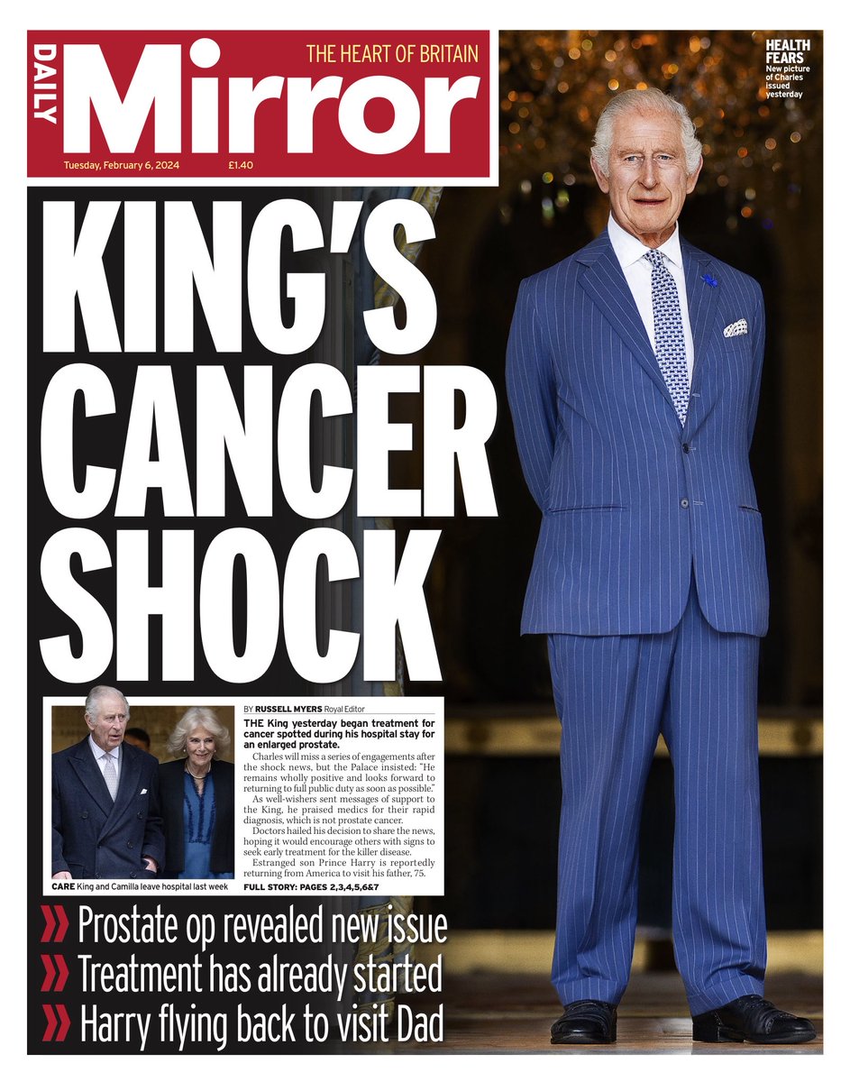 MIRROR: King’s Cancer Shock #TomorrowsPapersToday