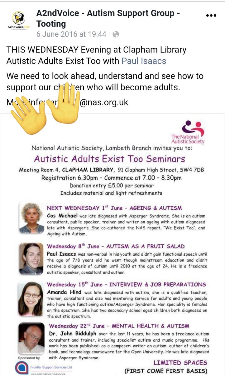 Remembering the beginning of hosting these with @NASLambeth Autistic Adults Exist Too.... Held in June 2016 at @claphamlib Shows how long been raising awareness for #autisticadults . Still important even more! @autismage @PaulIsaacs22 #JohnBiddulph @AmandaHindASC