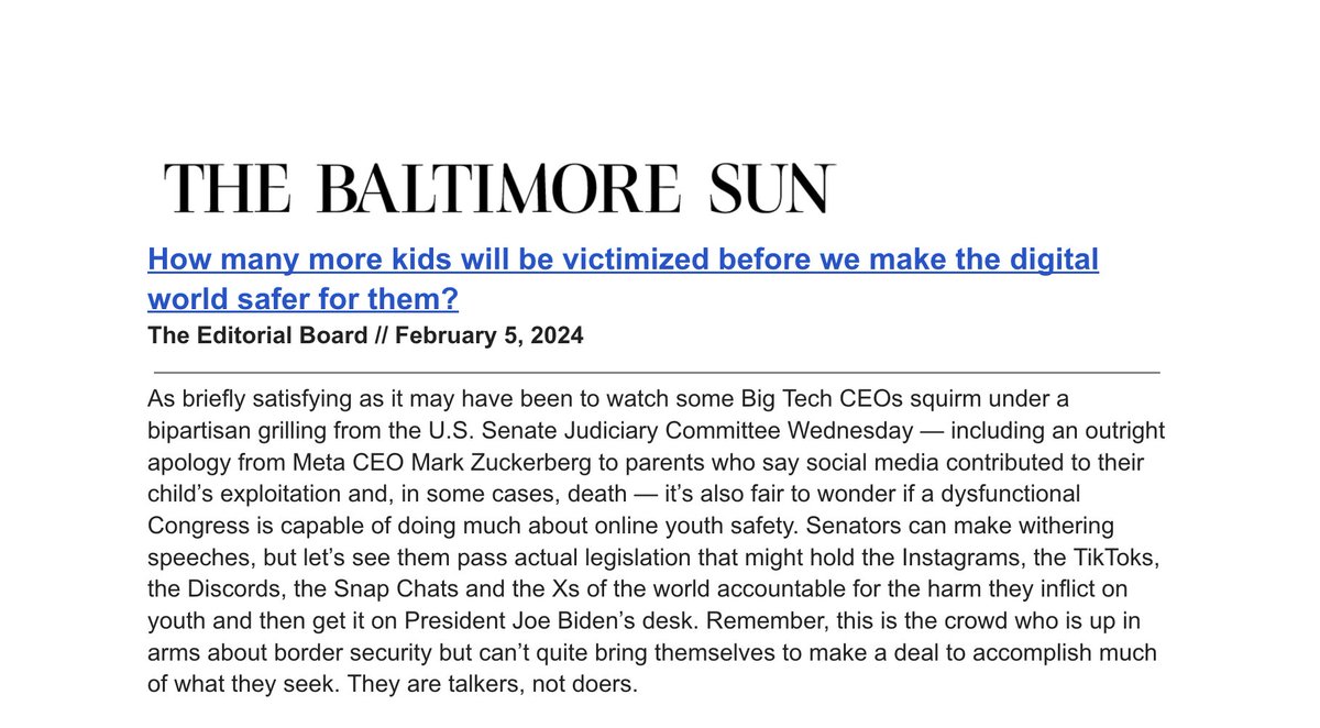 accountabletech's tweet image. HUGE!

The @BaltimoreSun Editorial Board has endorsed the #MDKidsCode, which would limit how much data social media companies can collect on minors and require platforms to design their products with young users in mind. baltimoresun.com/2024/02/05/dig…