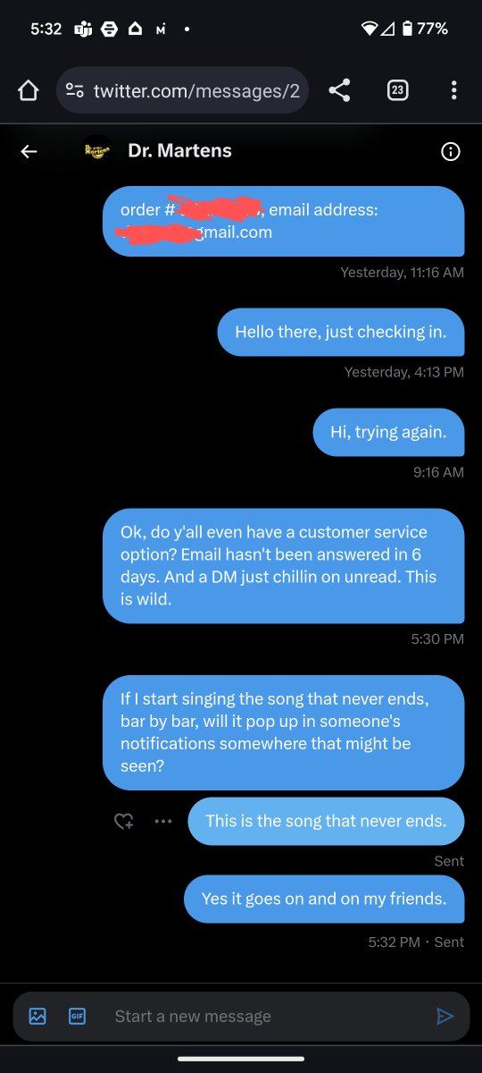 DezEvil's tweet photo. Has anyone, ever, spoken to @drmartens Customer Service or are they an illusion created by space aliens to distract us? https://t.co/ABwF0Dhcj4