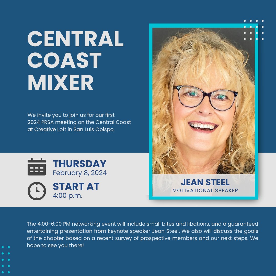 PRSACentralCA's tweet photo. Join us this week in San Luis Obispo on Thursday, Feb. 8 at 4 p.m. Hear from keynote speaker Jean Steel.

All are invited to attend this in-person event. Registration is only $5, so reserve your spot today: https://t.co/O3XIGkuDqV https://t.co/YEIAQ43CFf