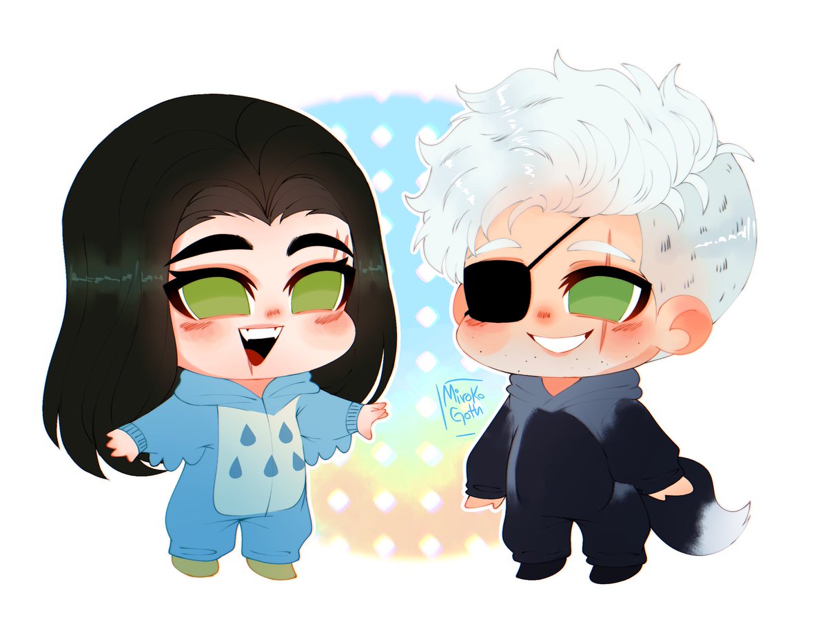 Me and my cutie wife <a href="/HopeLaVeyDoe/">Hope LaVey-Doe Smith.</a> 

Hope is dressed in an owl onesie 
I’m in a silver fox onesie (same style as the one I wore as a kid) 

Art by @MirokoGoth_er