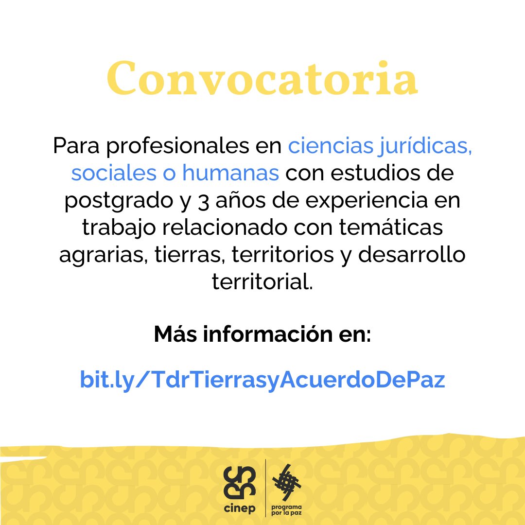 🚨 #Convocatoria para profesionales en ciencias jurídicas, sociales o humanas con maestría y experiencia en trabajo relacionado con temáticas agrarias, territorios y desarrollo territorial. 🔗 Consulta los términos de referencia en: bit.ly/TdrTierrasyAcu…