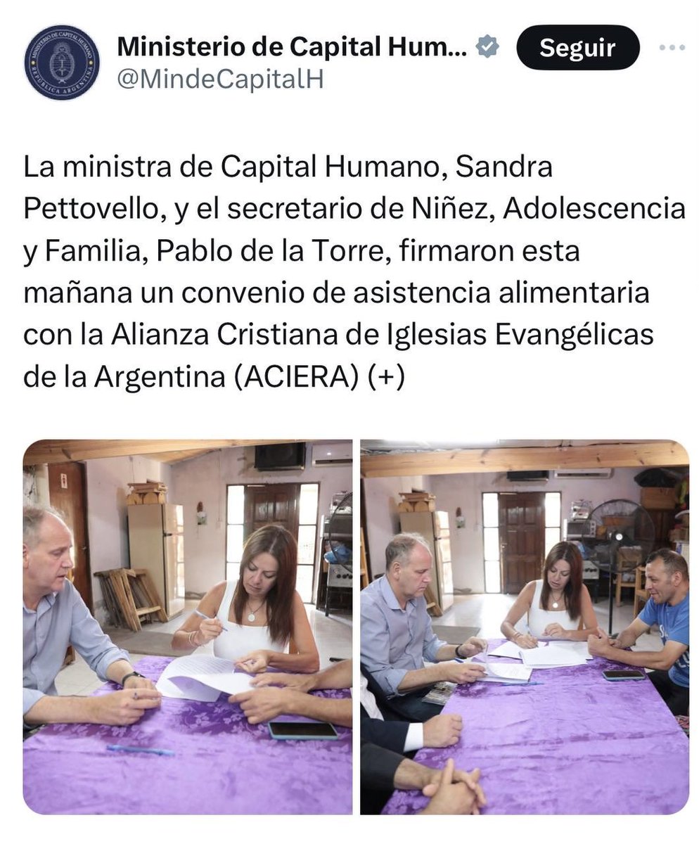 Como reacción a las filas contra el hambre de hoy y al comunicado de la Conferencia Episcopal de la Iglesia Católica (episcopado.org/ver/4092), Pettovello firmó un convenio para asistencia alimentaria con la Alianza Cristiana de Iglesias Evangélicas de la Argentina (ACIERA) -una