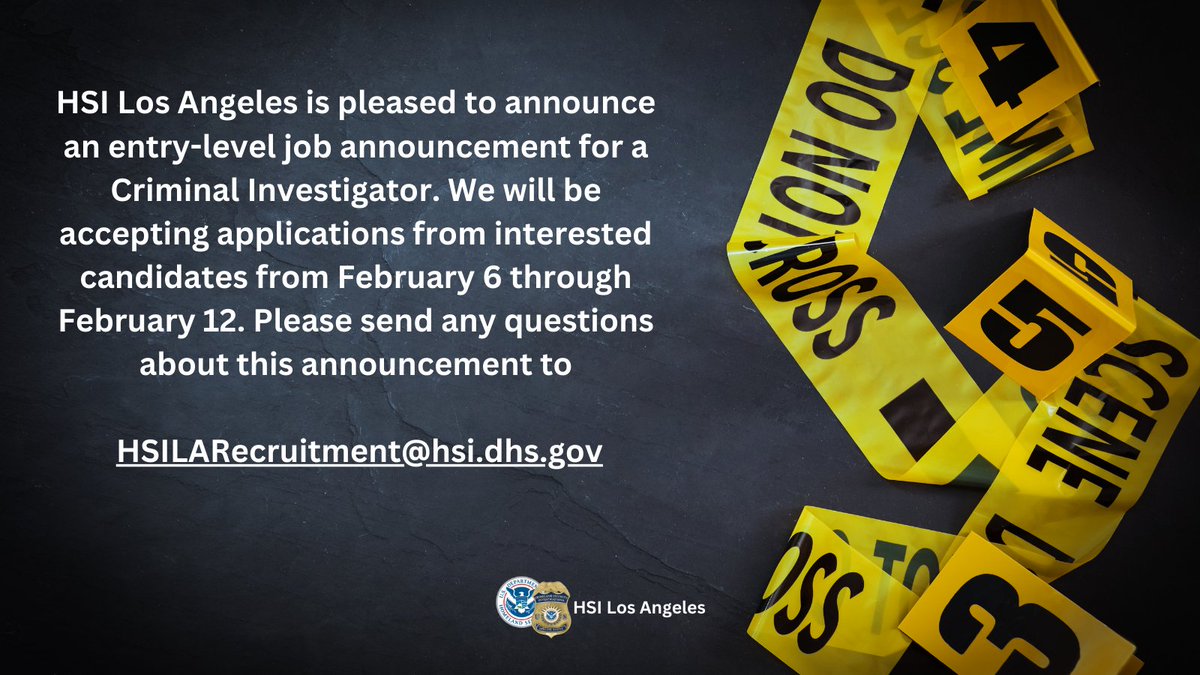 “Ever considered a career protecting the homeland? If so, #HSI Los Angeles is looking for you. Look for more information to follow or visit forms.office.com/Pages/Response…… to be the first to know about new opportunities.