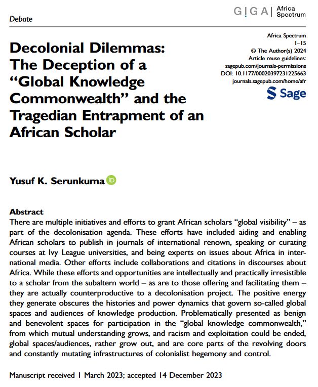 the “global stage” is actually a local stage of the western world. Yet, it is so attractive (and lucrative?) to the African scholar, even when presented with the reality that participation is not decolonisation. This is a tragedian dilemma.

I write,

journals.sagepub.com/doi/10.1177/00…