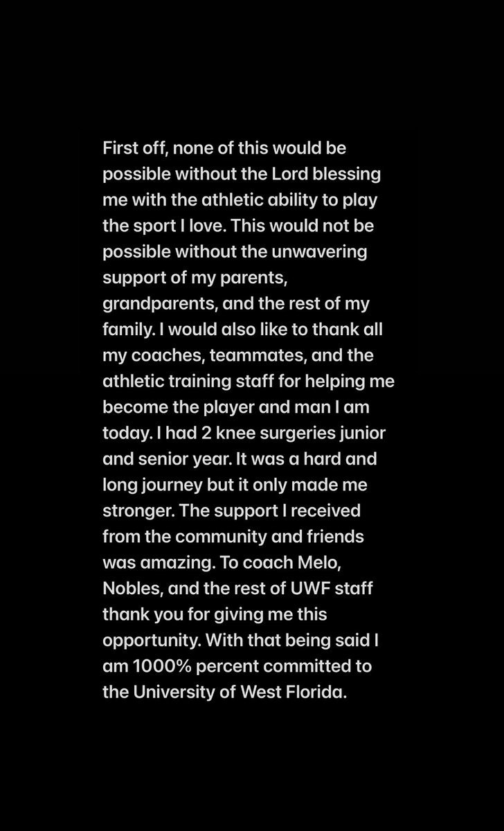 1000% commitment to The University of West Florida <a href="/ApopkaFootball/">Apopka Football</a> <a href="/CoachJettD/">Coach Jett Davison</a> <a href="/CoachKNobles/">Kaleb Nobles</a> @lmelo90 <a href="/DanLaForestFB/">Dan LaForest 🏈</a> <a href="/Andrew_Ivins/">Andrew Ivins</a> <a href="/larryblustein/">Blustein Recruiting</a> <a href="/CoverApk/">Cover The Field -Apopka</a>