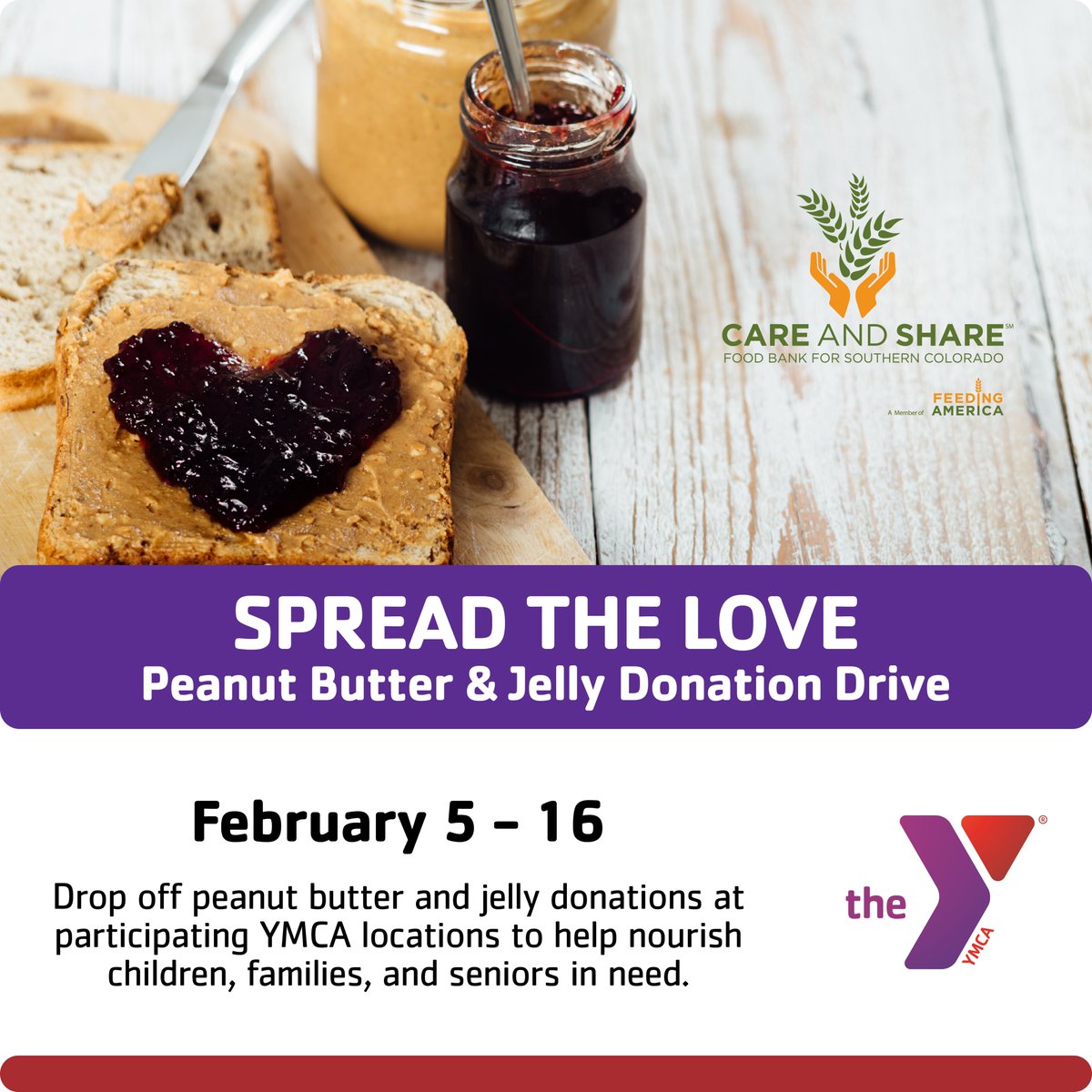 Help Spread the LOVE! We are partnering with @CareandShareFB for their Peanut Butter & Jelly Donation Drive from Feb 5 - 16th drop off peanut butter and jelly donations at participating YMCA locations to help nourish children, families, and seniors in need!