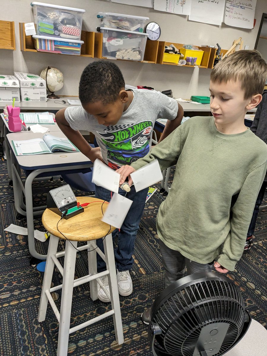 #partyof12 is testing out their designs for wind turbines using our voltmeter. They will spend tomorrow refining their designs before adding it to their model restaurants to power their circuits!  #wearewayne