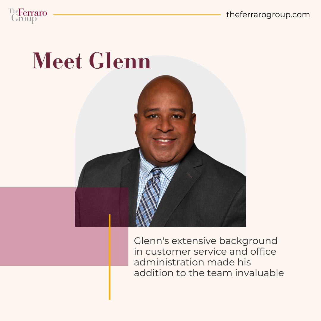 TheFerraroGroup's tweet image. ✨Employee Highlight ✨
Glenn Taylor joined The Ferraro Group in April of 2022. Since then, he has helped TFG stay organized and efficient in our day-to-day operations. His extensive background in customer service and office administration made his addition to the team invaluable