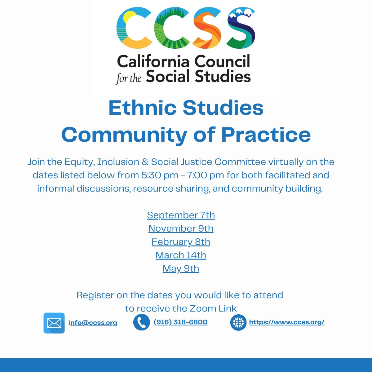 CCSS is excited to announce an opportunity to join our Ethnic Studies Community of Practice. We will host 5 virtual meetings during the  year where attendees will engage in discussion & community building. #sschat #caedchat #ethnicstudies Register at casocialstudies.org/event-5376498
