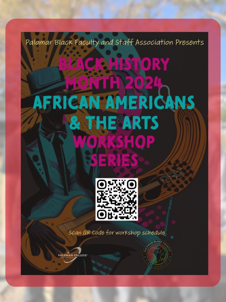Black History Month Event:
Therapeutic Art Session
Presenter: Cynthia May
2/ 6
1:30 p.m.
We will be creating a painting that will help us relax and decrease stress while expressing ourselves artistically.
In-Person: MD-221 

#palomarcollege #BlackHistoryMonth #art