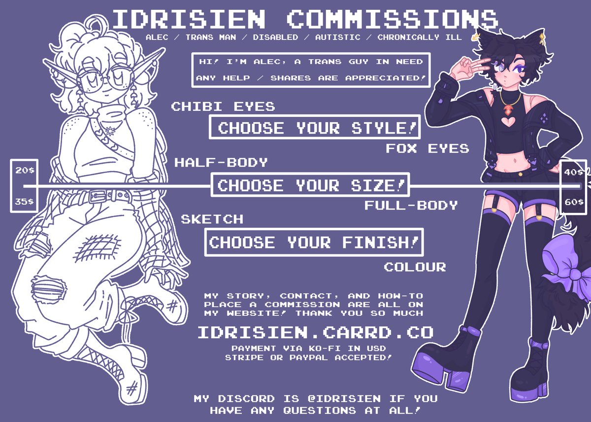 hi, my commissions are still open! any help / shares is greatly appreciated ♡ thank you so much!

♡ idrisien.carrd.co ♡

#kofi | #koficommissions | #commissionsopen | #commissionsheet | #digitalart | #autisticartist | #disabledartist | #ffxivart | #art | #commissions