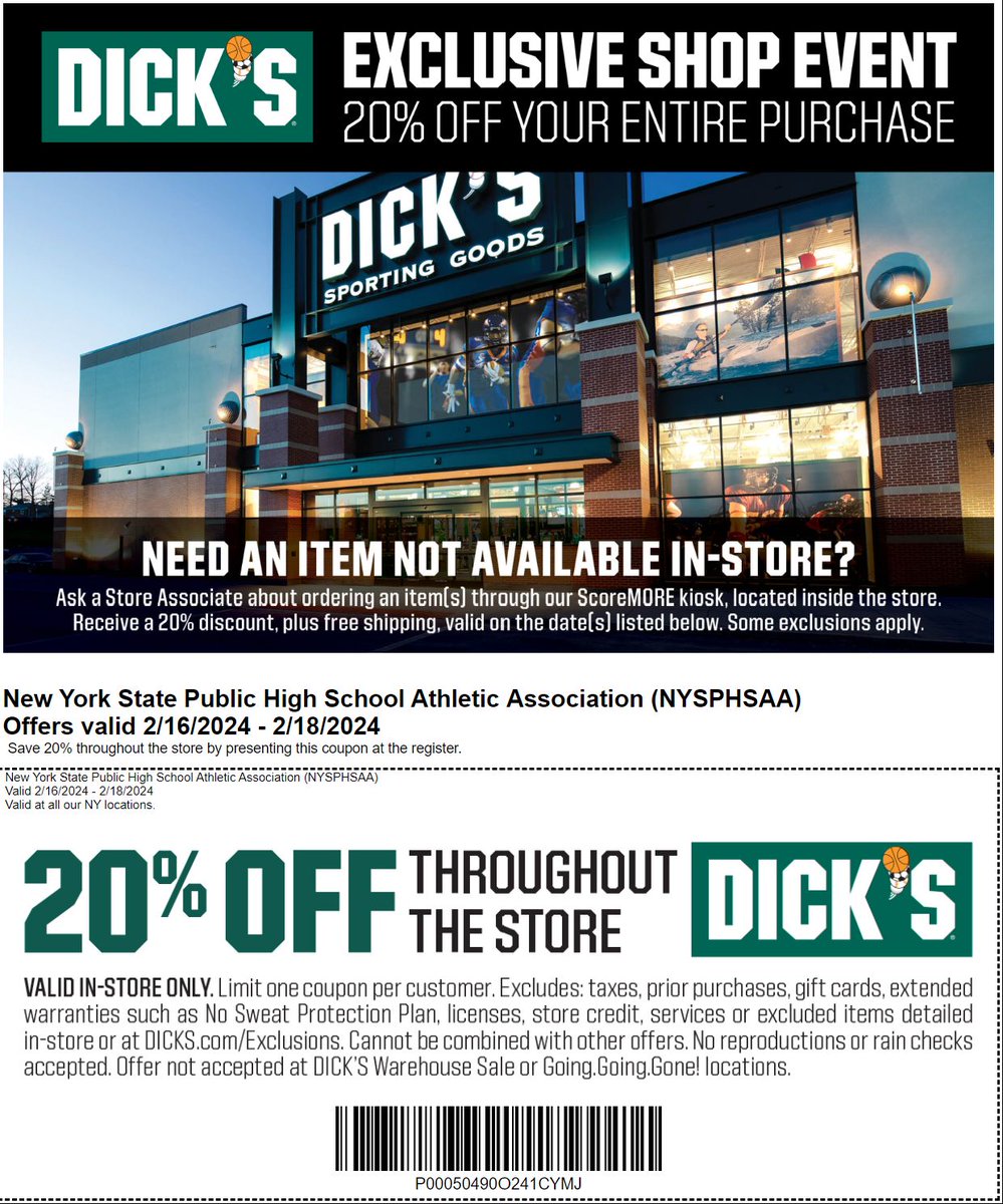 It is that time of year again for NY State High School Shop Weekend. @NYSPHSAA Shop Event Friday, February 16 - Sunday, February 18 buff.ly/3wfyNC4 This is a tremendous opportunity to take advantage an amazing coupon at @DICKS House of Sport Victor.