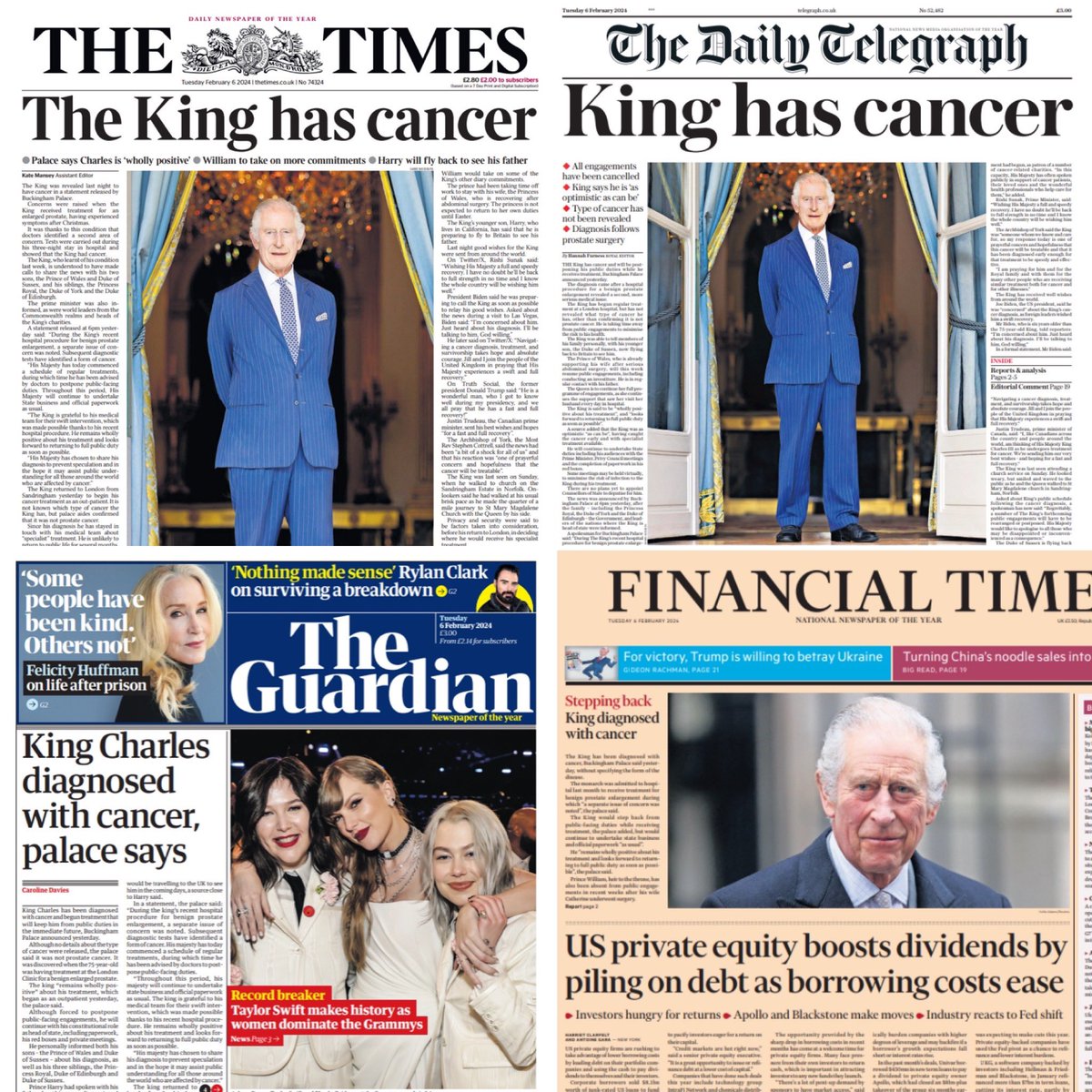 alessandrarizzo's tweet image. The King’s cancer diagnosis on the newspapers #frontpages