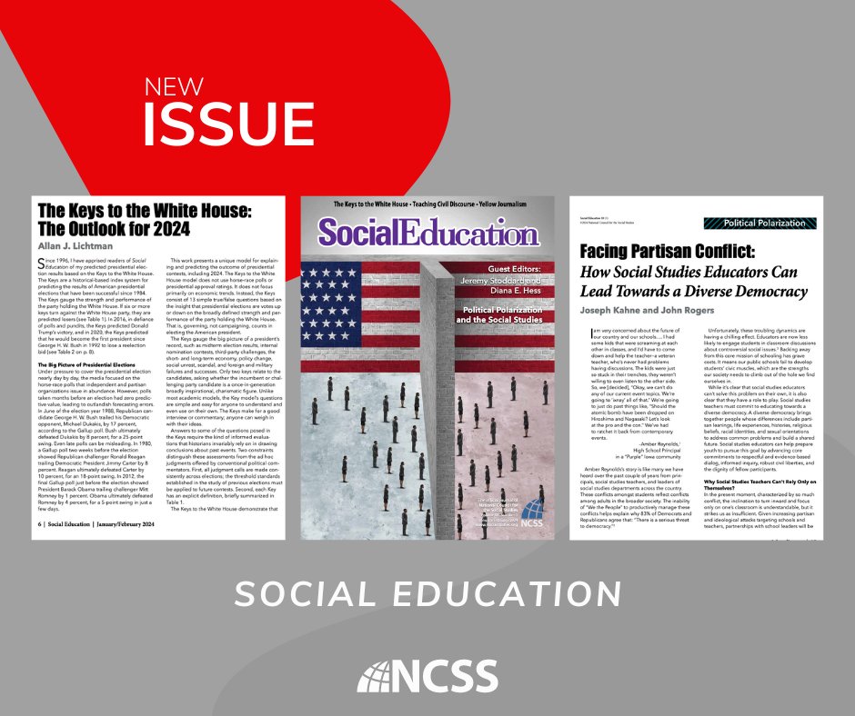 NCSSNetwork's tweet photo. 📚The 1st Social Education of 2024 is online! 
This issue dives into political polarization, the outlook for 2024, and how social studies educators can lead towards a diverse democracy. Don't miss our Member Spotlight, featuring Dr. Linda Black.

Read now: https://t.co/RRPFTipaGQ https://t.co/71JxgbF8ur