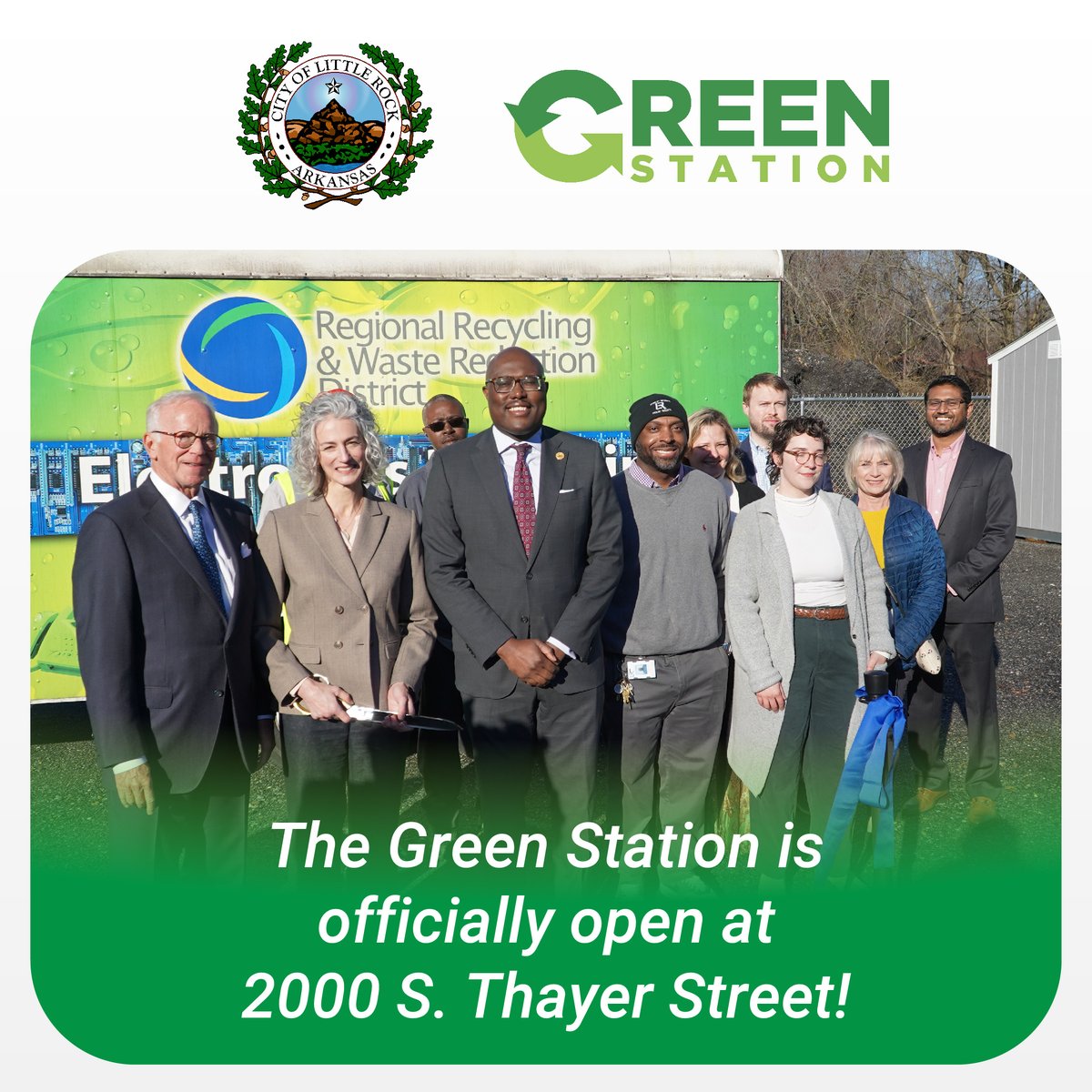 CityLittleRock's tweet photo. Helping residents go green! ♻️ 

Today we celebrated the re-opening of Little Rock's Green Station located at 2000 S Thayer Street!

The LR Green Station will be open Monday through Thursday from 7 AM to 5 PM as well as the last Saturday of each month from 7 AM to 5 PM. [1] https://t.co/Hc9uvTHoJ2