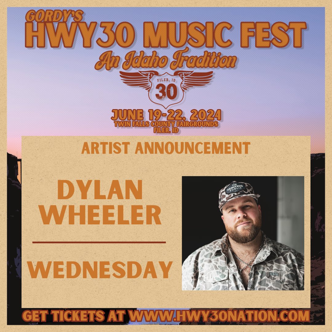 ‼️BAND ANNOUNCEMENT‼️

We are excited to announce <a href="/DylanWheeler_/">Dylan Wheeler</a> will be back in Idaho for <a href="/Hwy30MusicFest/">Hwy 30 Music Fest</a> 2024!  He will be rocking the stage on Wednesday, June 19th.

🎫 Get your passes TODAY… hwy30nation.com