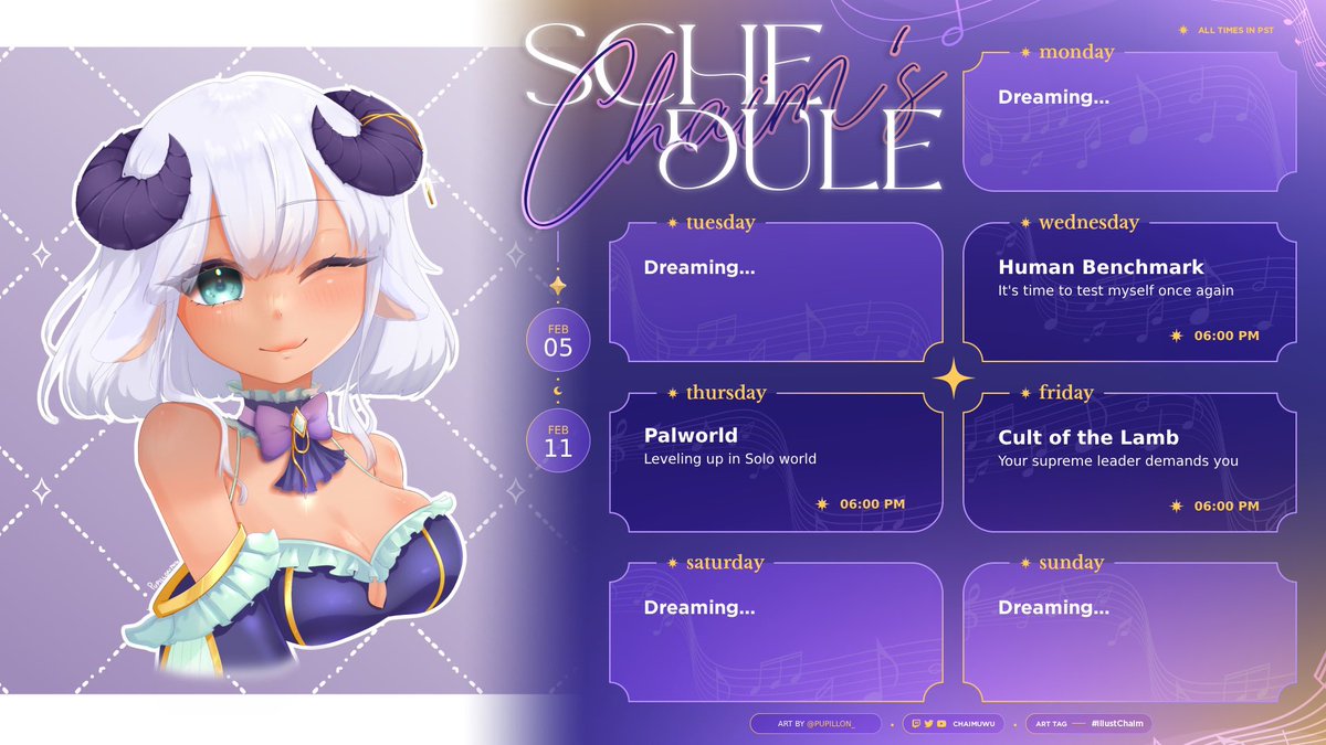 chaimuwu's tweet photo. ✧ Schedule for Feb 05 - Feb 11 ✧

We finally have consistency!! 👏👏
You can now find me streaming every week Wed - Fri, as I try and focus more on other offline content for YT and TT 🥳 here’s to growing~

https://t.co/HKowZHyaaG

—————✧—————
#ChaimTable #vtuber #ENvtuber https://t.co/haGSJDDFkR