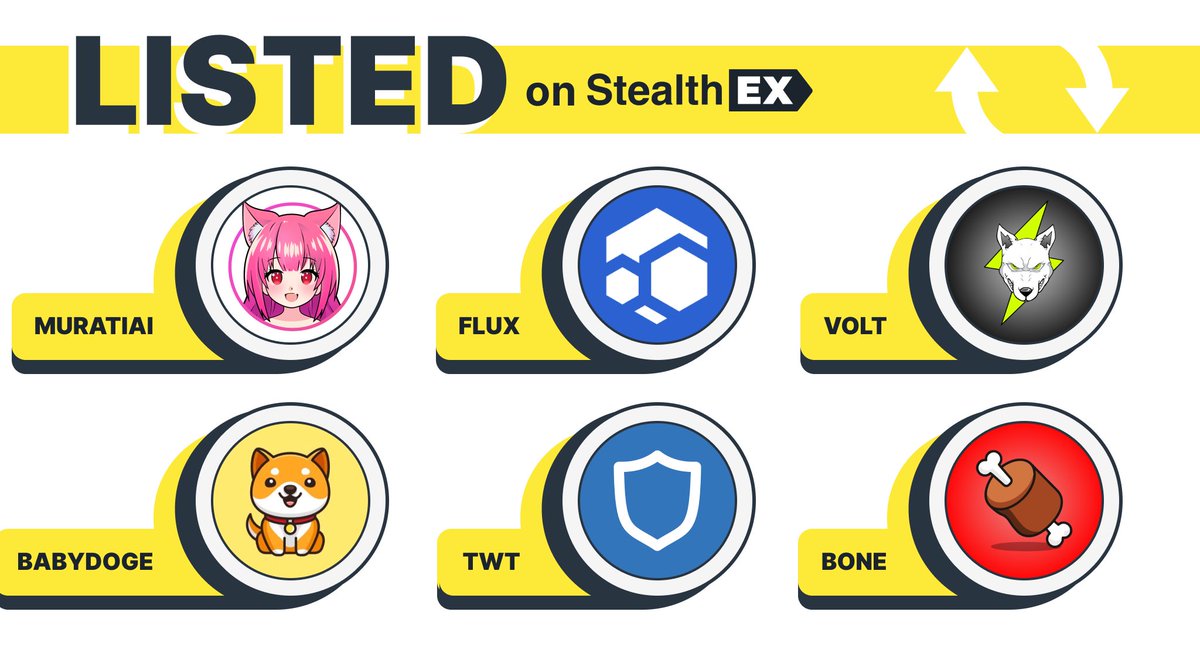 StealthEX_io's tweet photo. Some #cryptocurrencies that you can find in StealthEX list:
#MURATIAI - @MuratiAI
$BONE - @Shibtoken
#BABYDOGE - @babydoge
$VOLT - @VoltInuOfficial
$FLUX - @RunOnFlux
$TWT - @TrustWallet
Swap 1500+ #crypto assets with no registration & limits on https://t.co/bGdAuzCDmZ https://t.co/2mrxWUtpAA