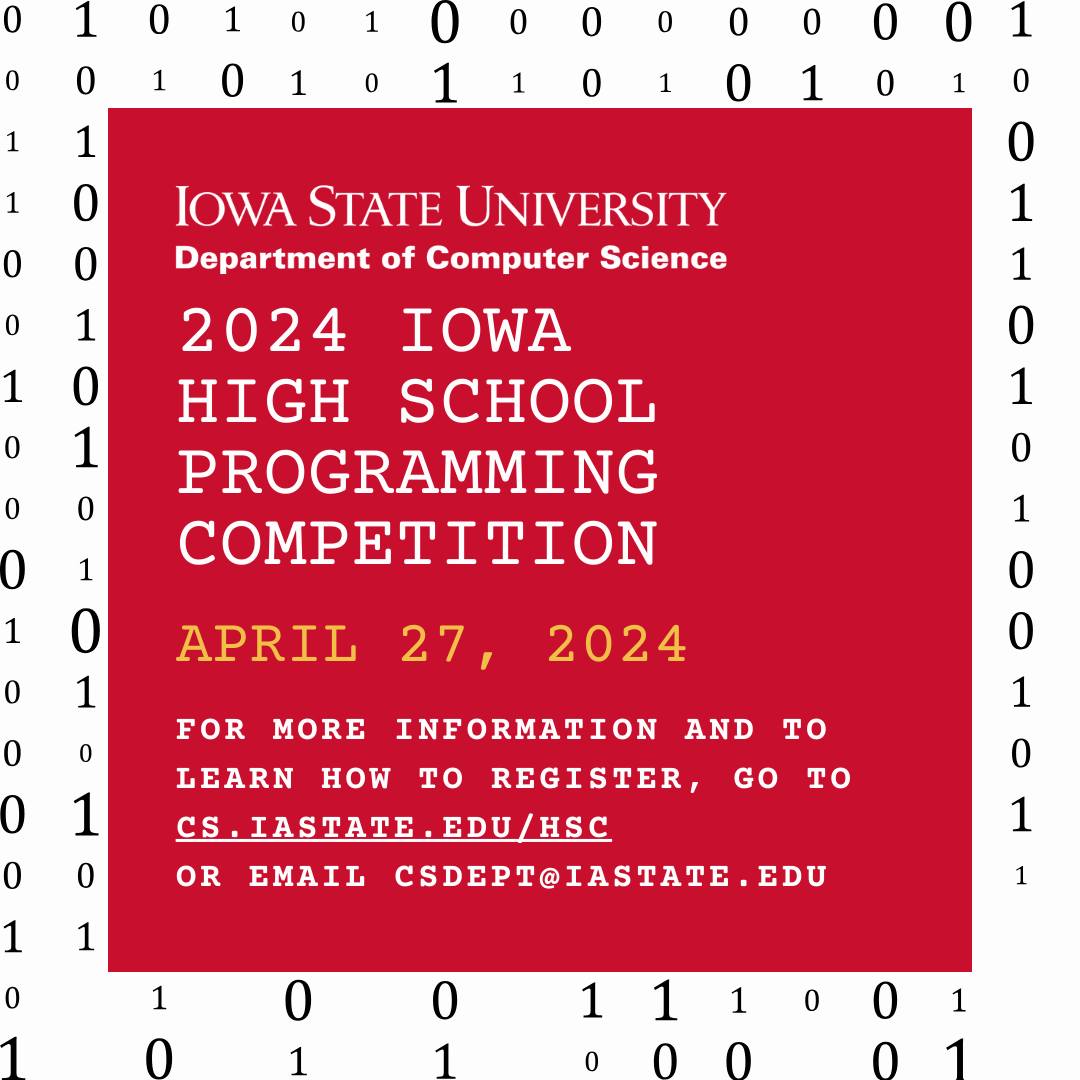 SC Iowa STEM Region (@sc_iowa_stem) on Twitter photo <a href="/ISUComSci/">ISU Department of Computer Science</a> seeks teams to complete in the FIRST EVER High School Coding Contest!
💻Up to 3 students/computer=team
💻Solve 10+ problems in 4hrs
💻Registration due March 27
Info:
cs.iastate.edu/2024-high-scho… <a href="/ISUComSci/">ISU Department of Computer Science</a> seeks teams to complete in the FIRST EVER High School Coding Contest!
💻Up to 3 students/computer=team
💻Solve 10+ problems in 4hrs
💻Registration due March 27
Info:
cs.iastate.edu/2024-high-scho…
