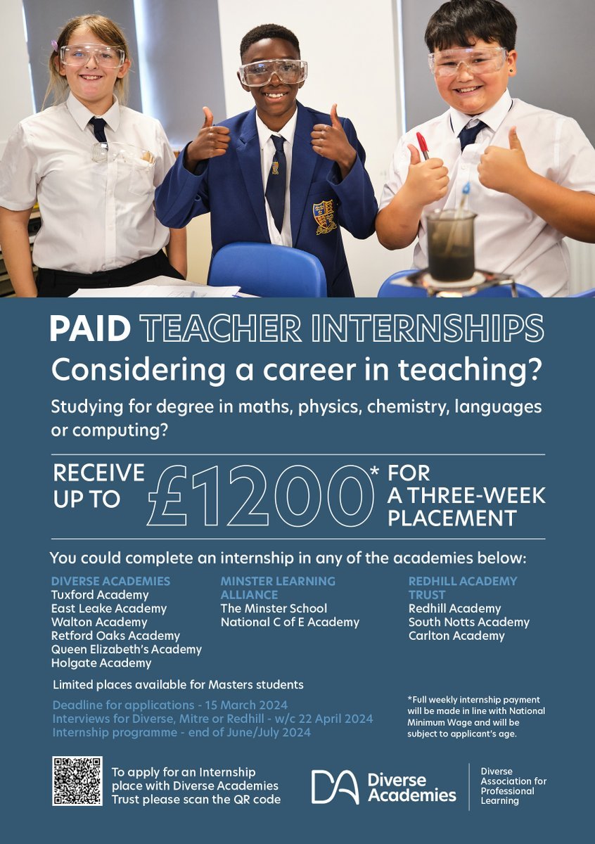 Are you studying for a maths, chemistry, physics, computing, languages or related degree? Are you considering a career in teaching? We are offering internships within secondary academies, where you will be paid up to £1200 tax free for a three week academy placement.