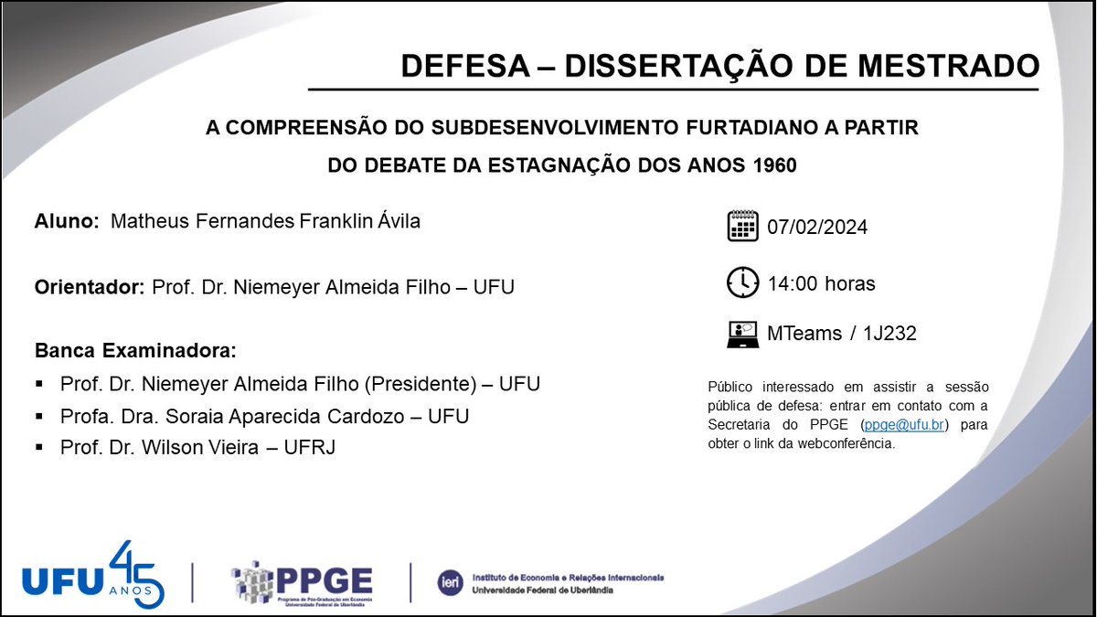 ppgeufu's tweet photo. Convite: Defesas Dissertação de Mestrado PPGE-UFU https://t.co/CIs7J6RVtL