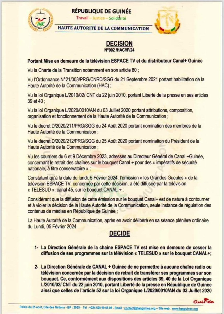 Africaguinee's tweet photo. 🚨Décision de la HAC🇬🇳📢
La Direction générale de la chaîne de télévision Espace TV est mise en demeure de cesser la diffusion de ses programmes sur la chaîne "TÉLÉ SUD" et sur le bouquet Canal+.👇🎙
#Africaguinee #brouillageOndeGN #HAC #EspaceTV https://t.co/3Iqgr8M4Qz