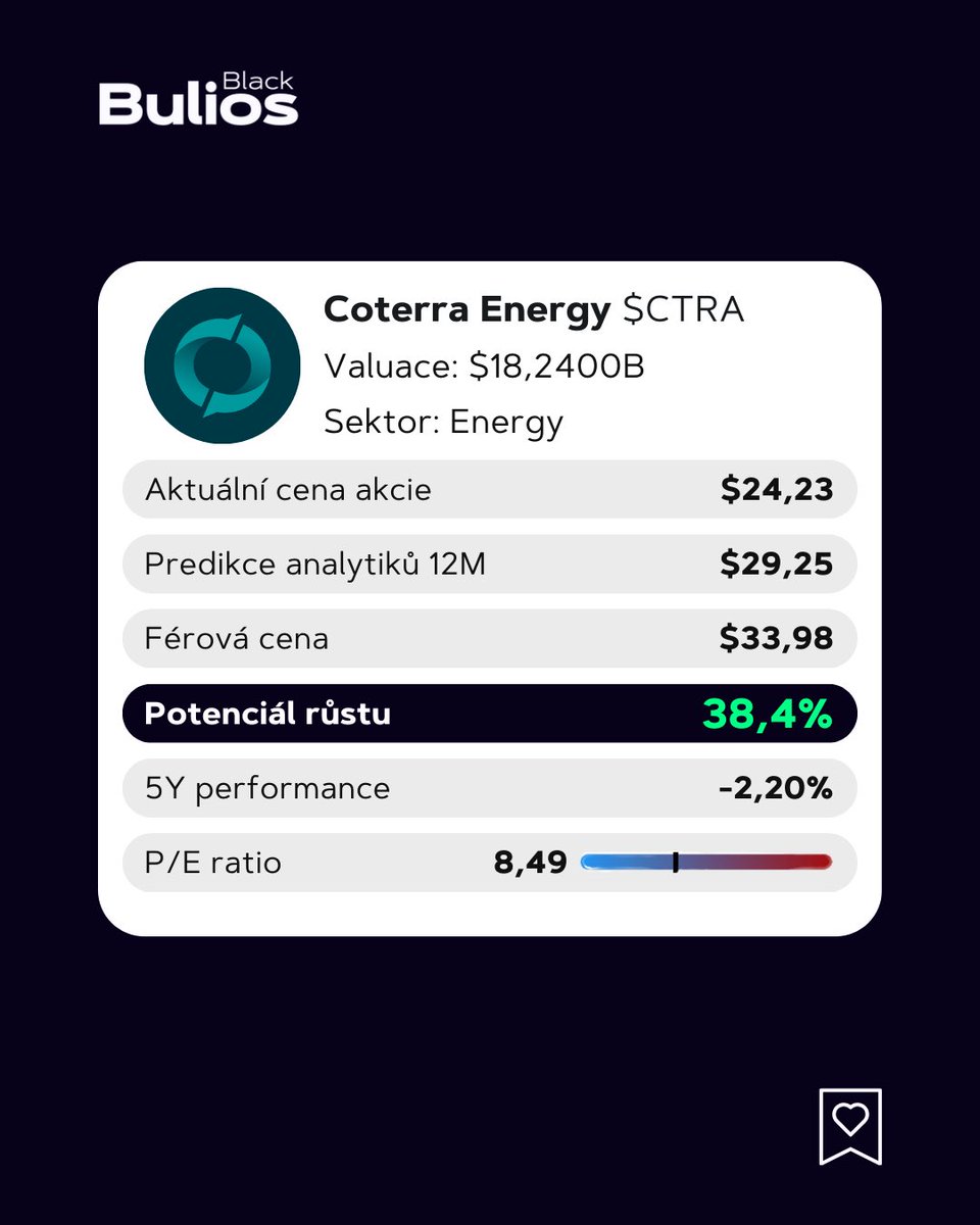 Nová analýza! 🔥 

Coterra Energy Inc. $CTRA

Coterra Energy je přední společností v oblasti těžby a zpracování uhlovodíků s rozsáhlým působením především v Severní Americe. Specializuje se na průzkum, vývoj, těžbu a prodej ropy a zemního plynu, přičemž se zaměřuje na špičkové…