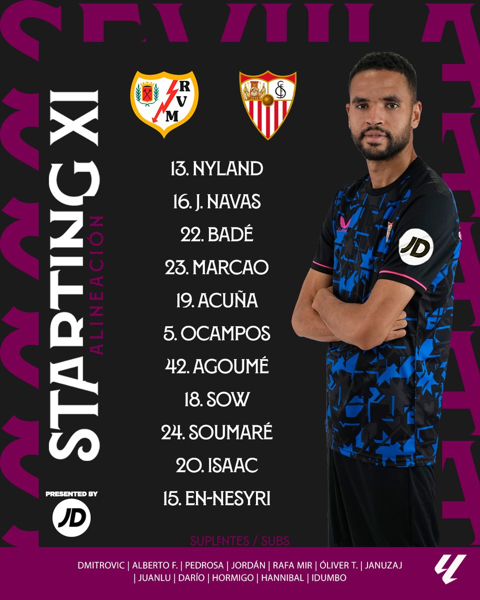🚨 𝐗𝐈 𝐭𝐢𝐭𝐮𝐥𝐚𝐫 #RayoSevillaFC ⚫️🔵

Nyland - J. Navas, Badé, Marcao, Acuña, Ocampos - Agoumé, Sow, Soumaré - Isaac, En-Nesyri.

#WeareSevilla