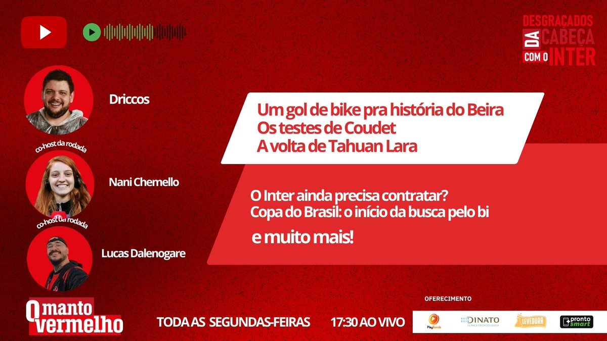 driccos's tweet photo. Hoje tem @NaniChemello e @dalenogol participando do @omantovermelho pra gente trocar MUITA ideia sobre Inter, mentira pra Uber, calendário das gurias coloradas, informação, opinião, cagação de tese e muito mais. COLA LÁ às 17:30! 

https://t.co/yiIEtwpToZ https://t.co/BF9PE8Easc