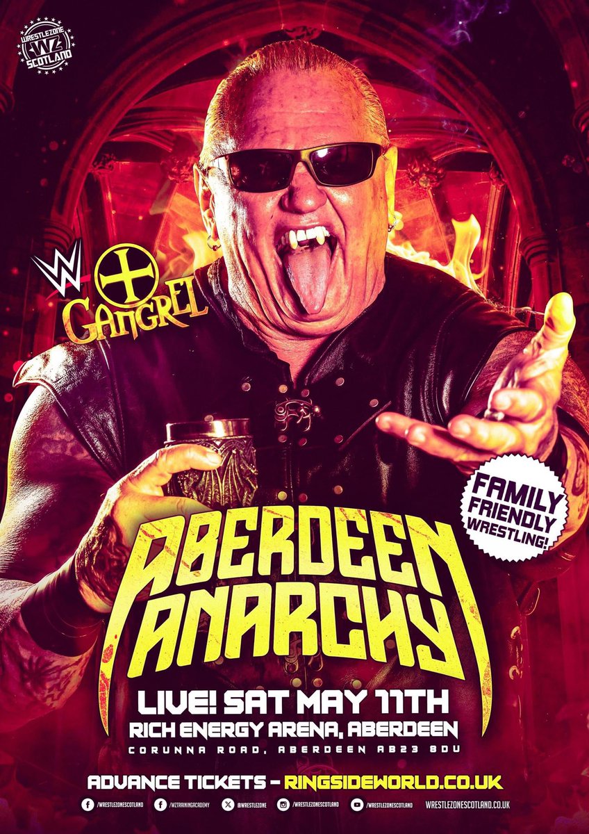 wrestlezone's tweet photo. FORMER WWE SUPERSTAR GANGREL COMING TO ABERDEEN ANARCHY!

On Saturday, May 11th we return to the Rich Energy Arena for Aberdeen Anarchy 2024!

VIP tickets - £17. Doors 5.30pm
GA tickets - £14. Doors 6:30pm

Tickets are available now at https://t.co/XBR6Ss24gr https://t.co/lGqXTnTGjz