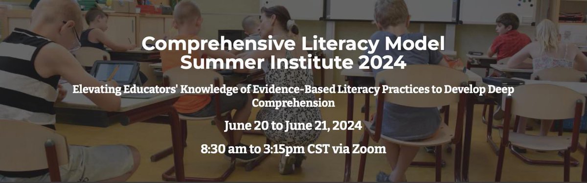 Welcome to the Comprehensive Literacy Model 2024 Summer Institute! We hope you can join us for two days of impactful learning! 
Click link for more details! 
soffosliteracy.com