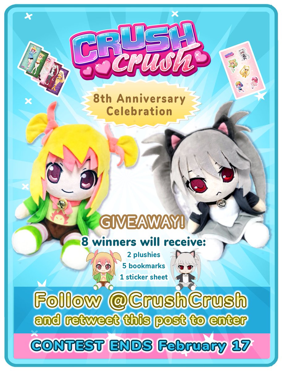 Crush Crush is turning 8! And what better way to celebrate OUR birthday than by giving YOU gifts? 8 lucky fans will win some cool swag, including stickers, bookmarks, and best of all, snuggly plushies! To enter the #giveaway follow @CrushCrush and RT 🔁this post!