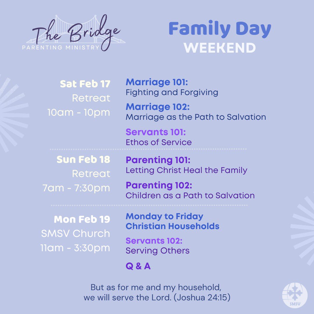 We are excited for an action-packed Family Day Weekend as we will be welcoming Archdeacon Mark Soliman! Please note the *CHANGE IN SCHEDULE.* The retreat will be held on Feb 17-18 at the Valley, followed by a Spiritual Day at SMSV on Feb 19th. Everyone is welcome!