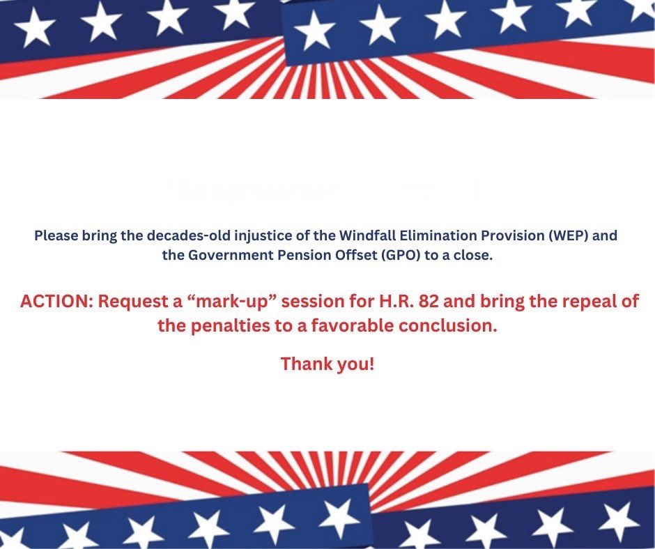 Polarbear1500's tweet photo. Please help, @RepFerguson @RepLaHood @RepRonEstes @RepRichardNeal .

#RequestHR82MarkUp session for H.R. 82.

#FavorablyMarkUpHR82—Bring decades-old injustice of the Windfall Elimination Provision (WEP) and Government Pension Offset (GPO) to a favorable conclusion.

Thank you! https://t.co/bOSsxqLa4U